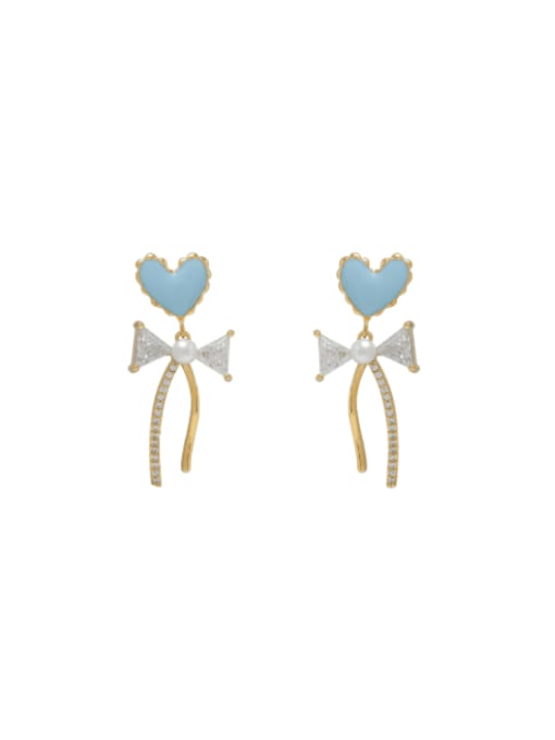 14k gold [blue love] Brass Cubic Zirconia Bowknot Cute Stud Earring